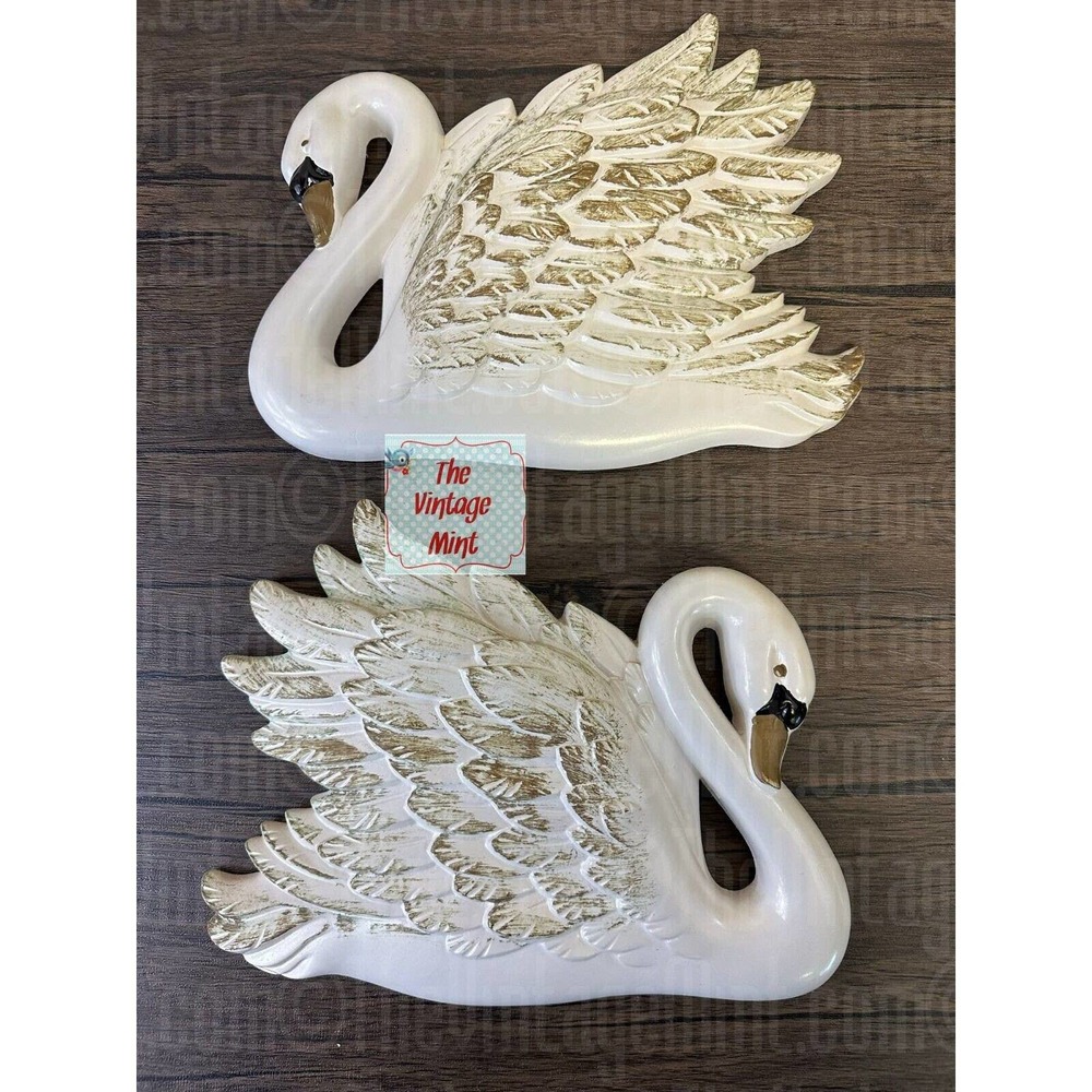 Vintage White Gold Trim Swans Chalkware Wall Decor Plaque chalk antique hanging